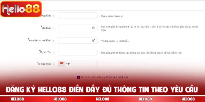 Đăng ký Hello88 điền đầy đủ thông tin theo yêu cầu